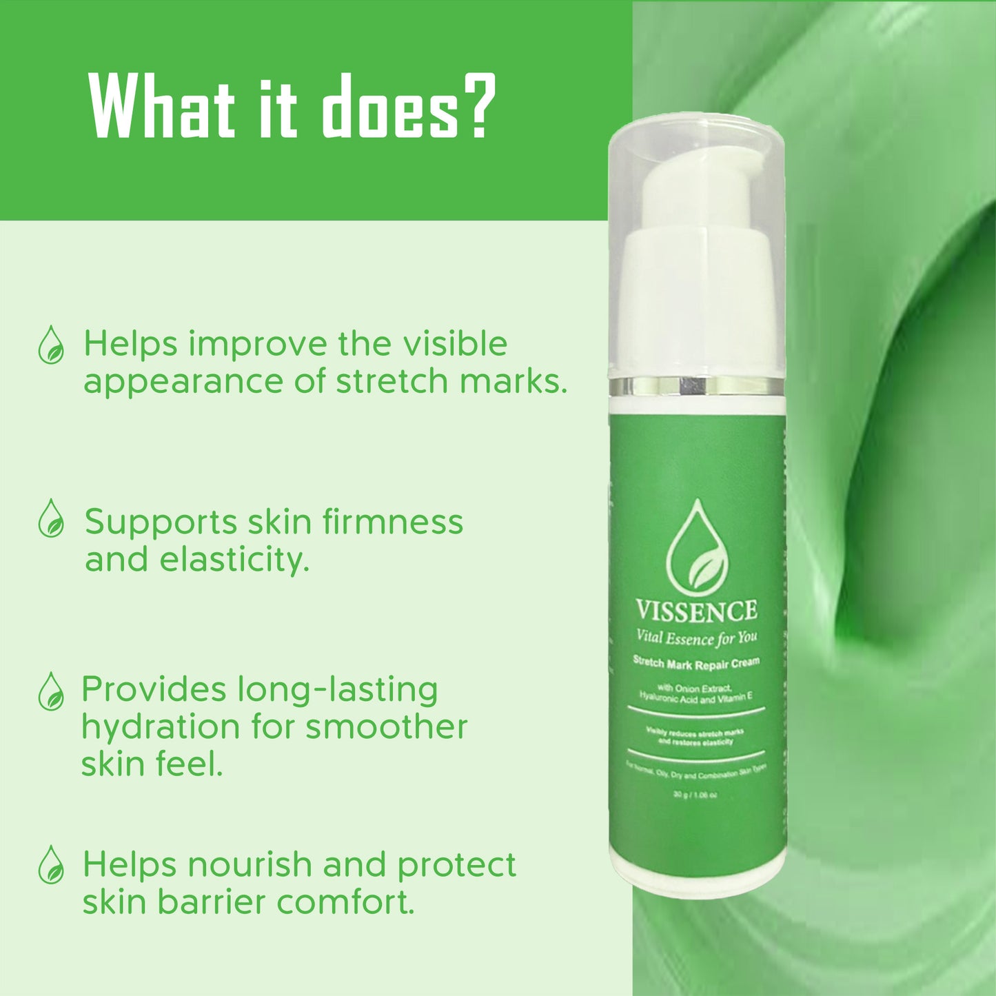 Vissence Stretch Mark Repair Cream with Onion Extract, Hyaluronic Acid & Vitamin E