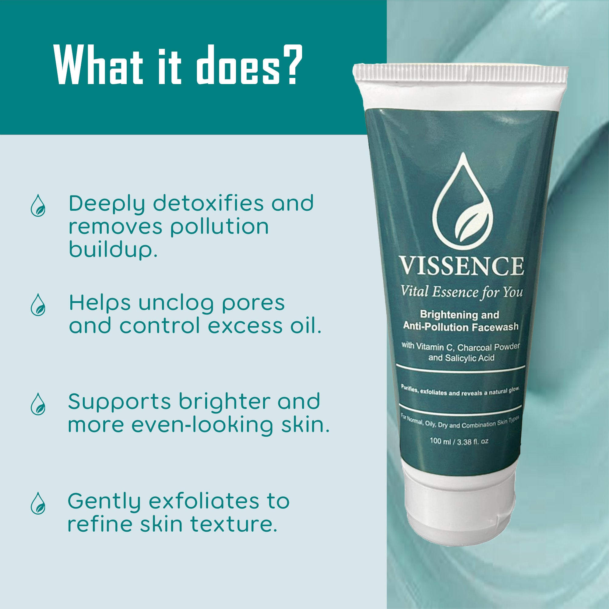 Vissence Brightening & Anti-Pollution Facewash with Vitamin C, Charcoal & Salicylic Acid