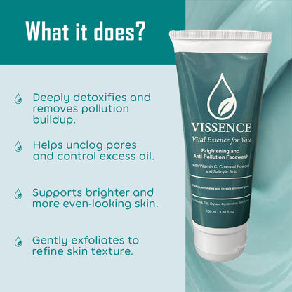 Vissence Brightening & Anti-Pollution Facewash with Vitamin C, Charcoal & Salicylic Acid