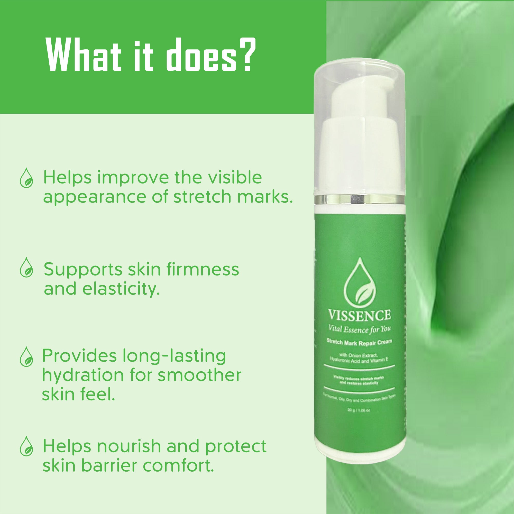 Vissence Stretch Mark Repair Cream with Onion Extract, Hyaluronic Acid & Vitamin E