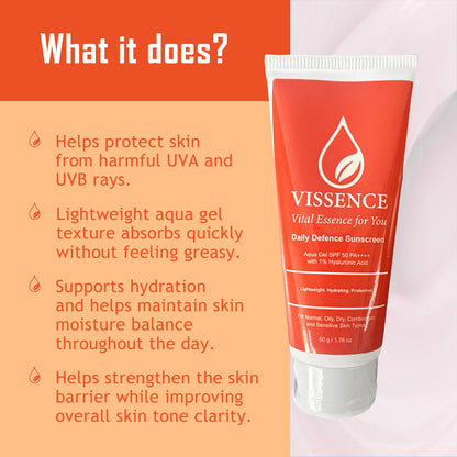 Vissence Daily Defence Sunscreen SPF 50 PA++++ | Aqua Gel with Hyaluronic Acid