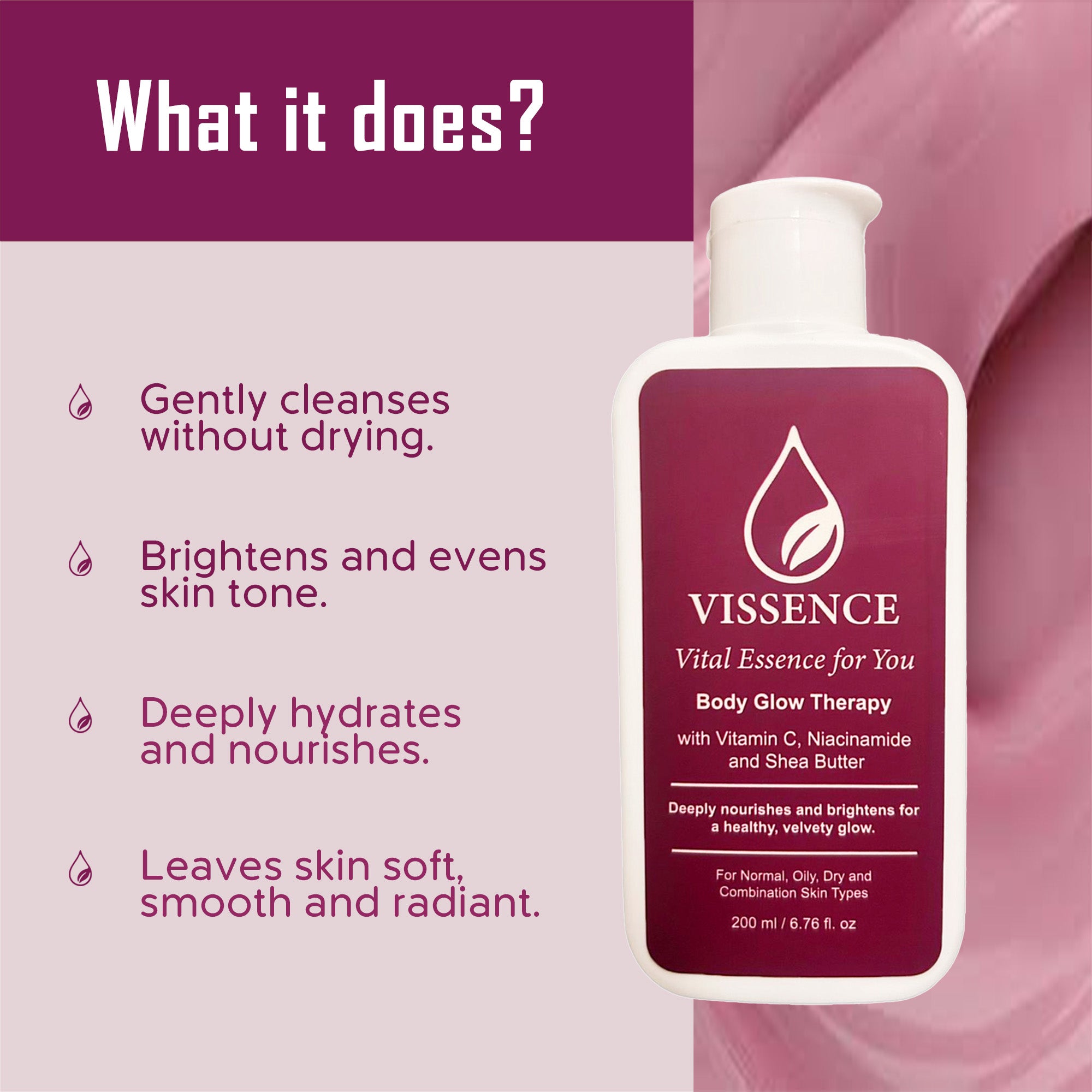 Benefits of Vissence Body Glow Therapy Bodywash for brighter hydrated skin