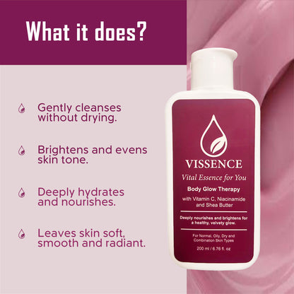 Benefits of Vissence Body Glow Therapy Bodywash for brighter hydrated skin