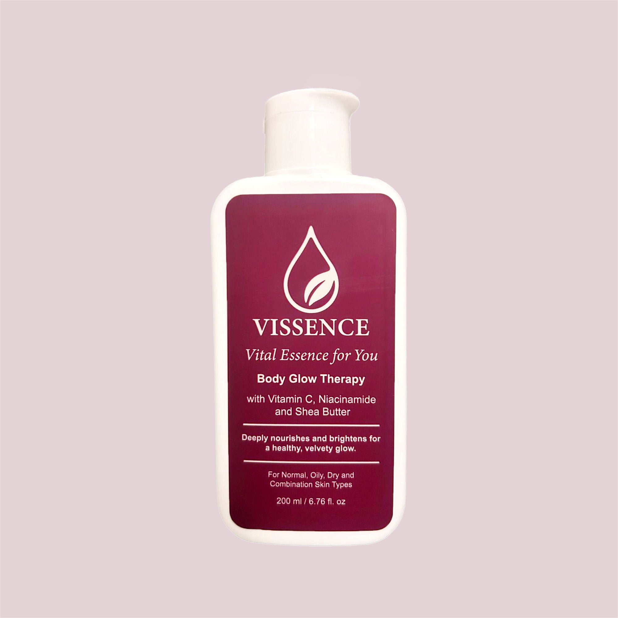 Vissence Body Glow Therapy Bodywash bottle with Vitamin C Niacinamide and Shea Butter for brighter hydrated skin