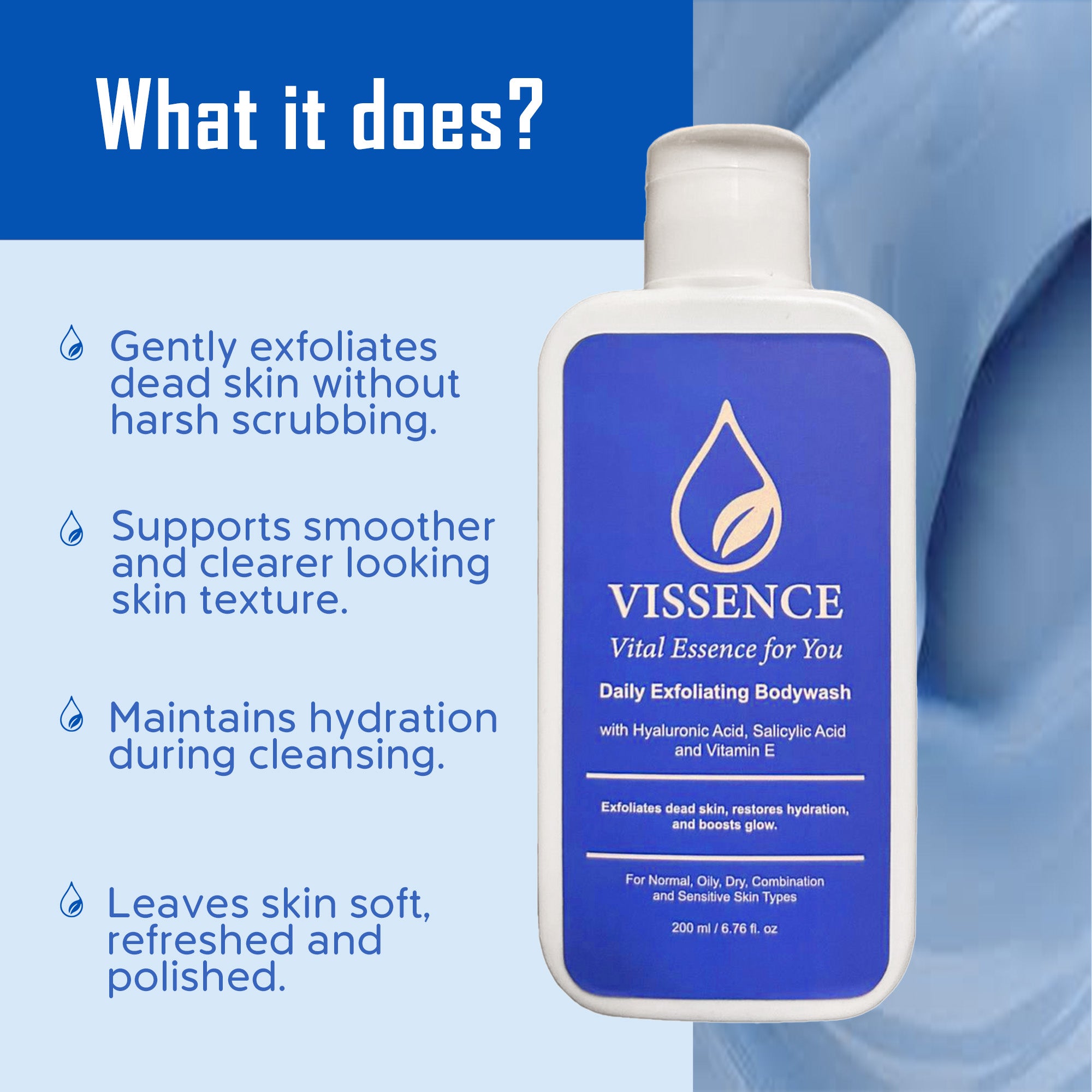 Vissence Daily Exfoliating Bodywash benefits exfoliates hydrates smooths skin texture