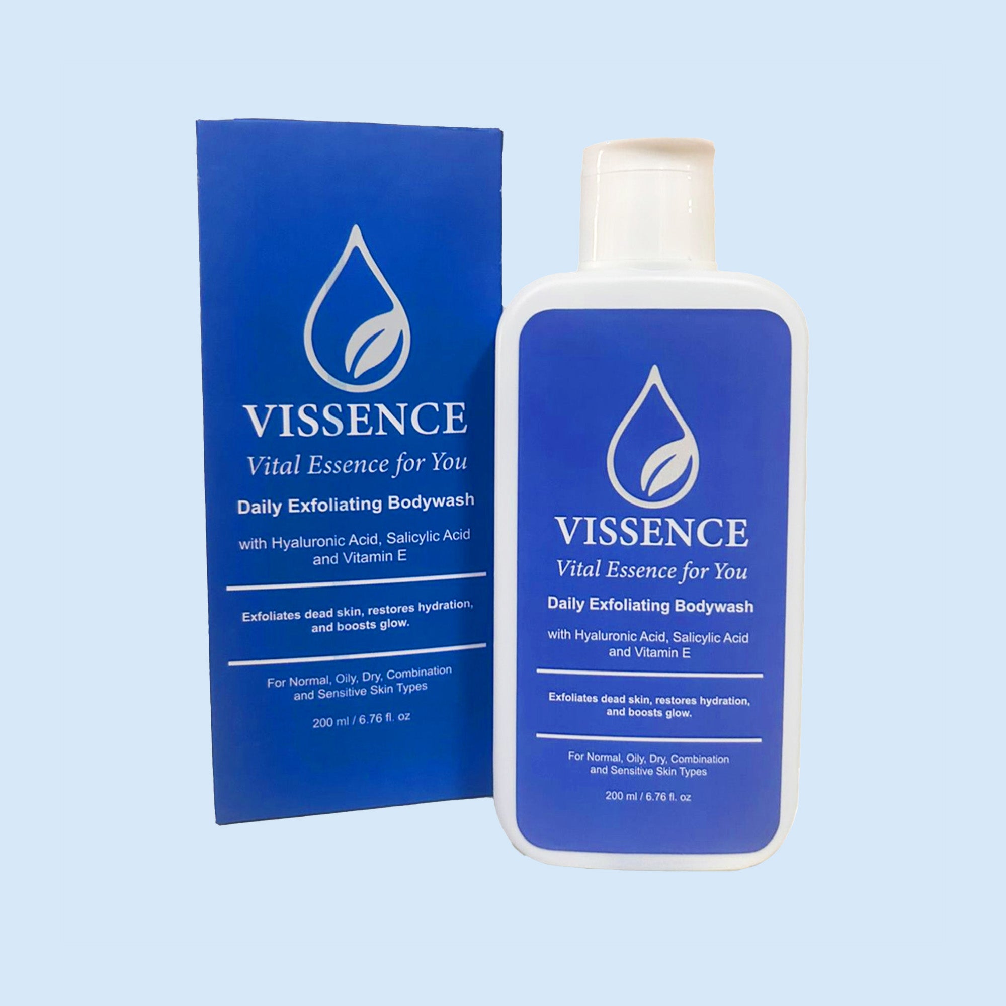Vissence Daily Exfoliating Bodywash with Hyaluronic Acid Salicylic Acid and Vitamin E bottle and carton