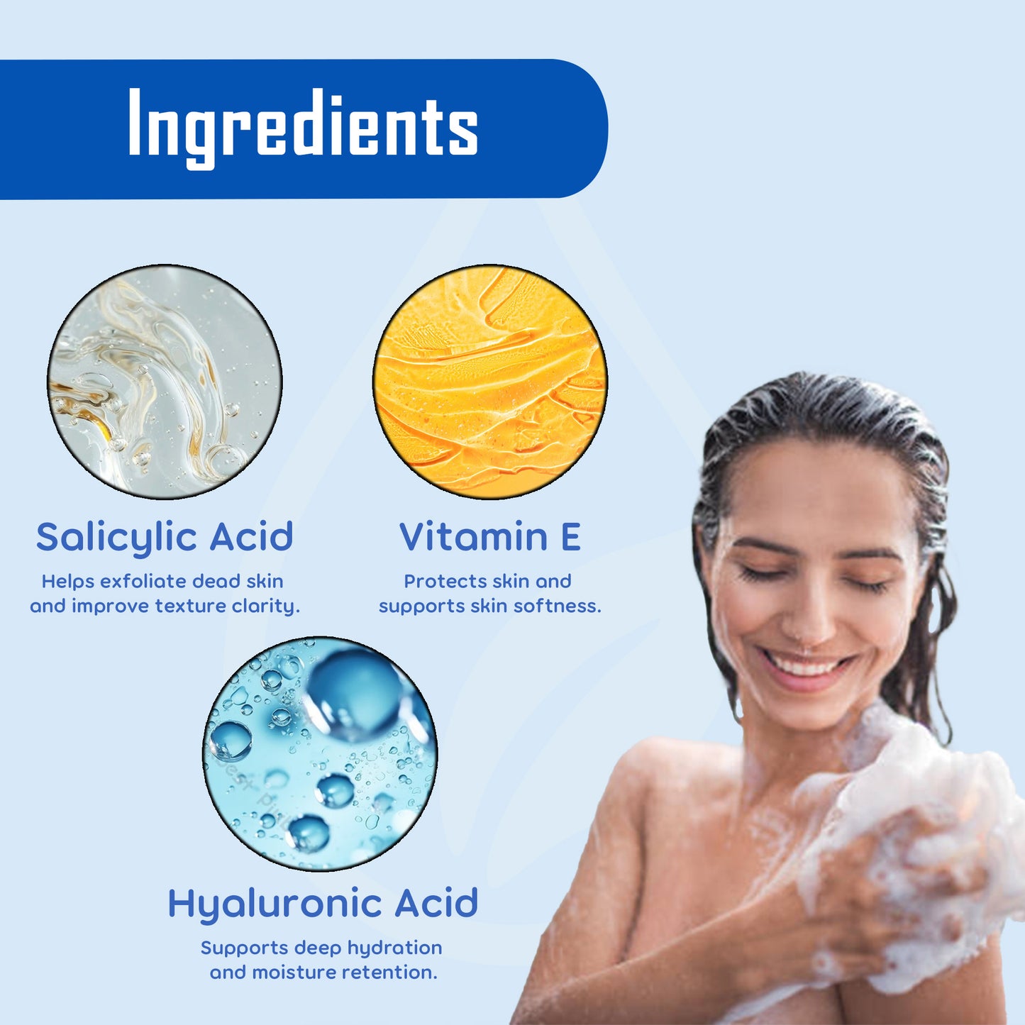 Vissence Daily Exfoliating Bodywash ingredients Salicylic Acid Vitamin E Hyaluronic Acid