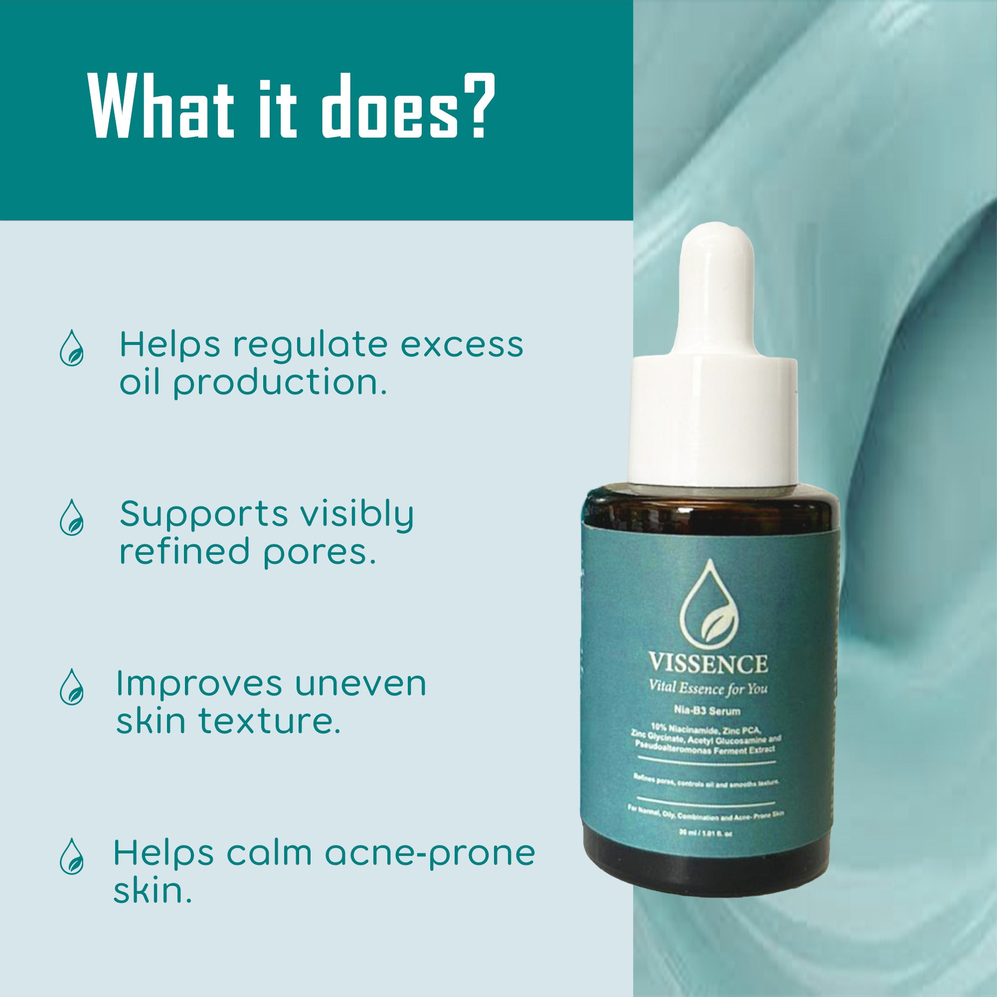 Benefits of Vissence Nia-B3 Serum including oil control refined pores improved skin texture and acne calming support