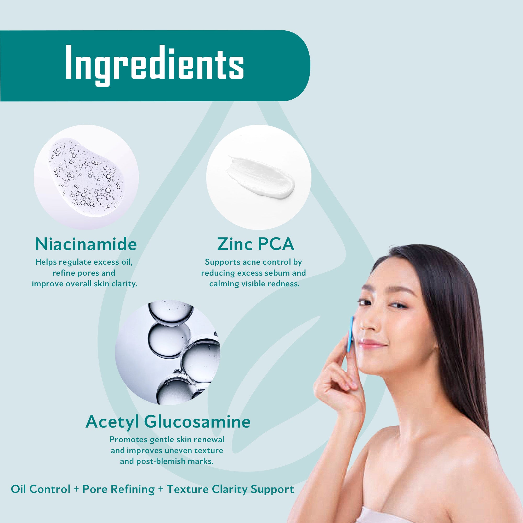Key ingredients in Vissence Nia-B3 Serum including niacinamide zinc PCA and acetyl glucosamine for oil control and pore refinement