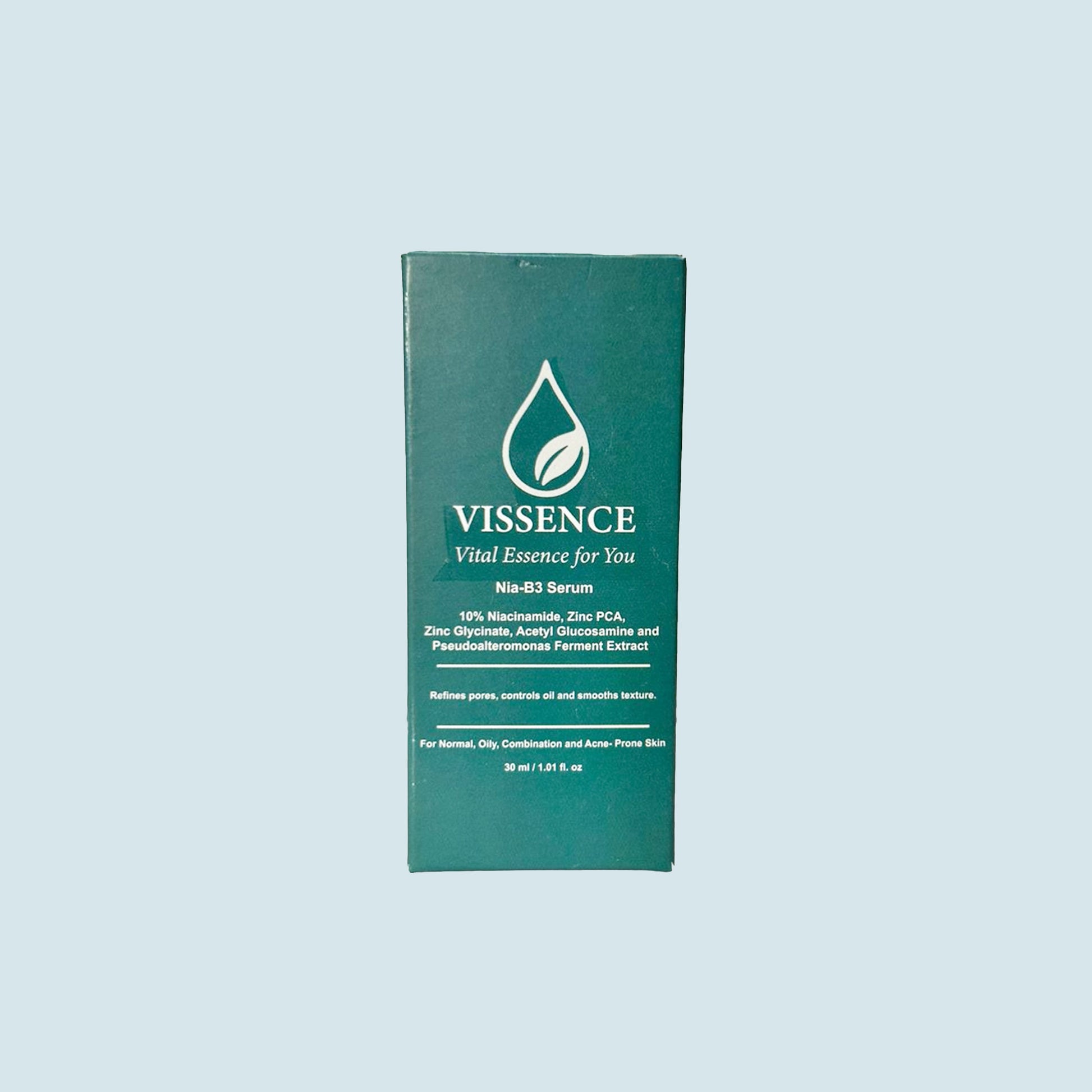 Vissence Nia-B3 Serum packaging with niacinamide zinc PCA and acetyl glucosamine clarity support formula