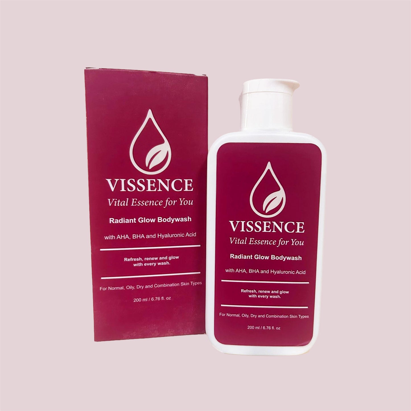 Vissence Radiant Glow Bodywash with AHA BHA and Hyaluronic Acid for gentle exfoliation hydration and smoother radiant skin