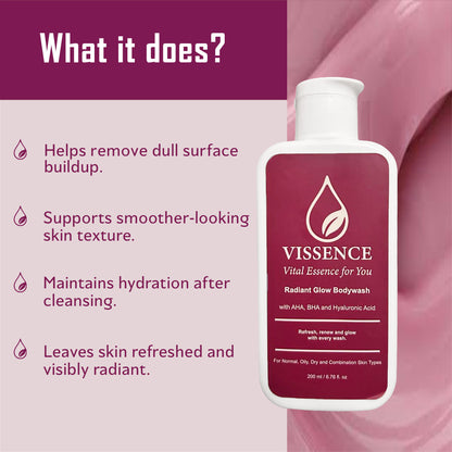 Benefits of Vissence Radiant Glow Bodywash including removal of dull buildup smoother skin texture hydration support and visible glow after cleansing