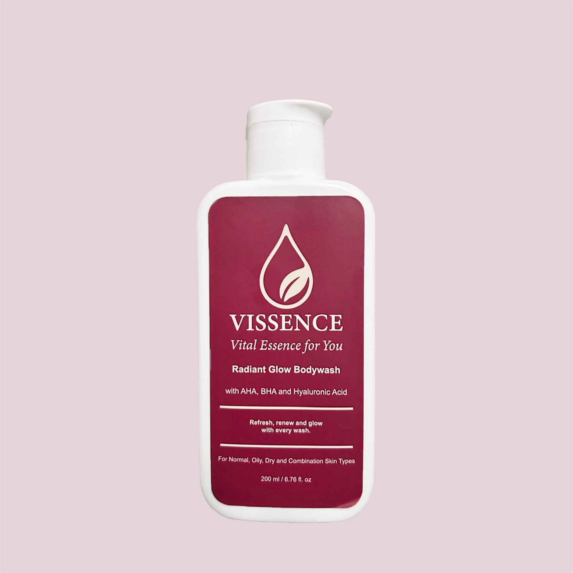 Vissence Radiant Glow Bodywash exfoliating body cleanser with AHA BHA and Hyaluronic Acid for daily skin smoothing and glow support