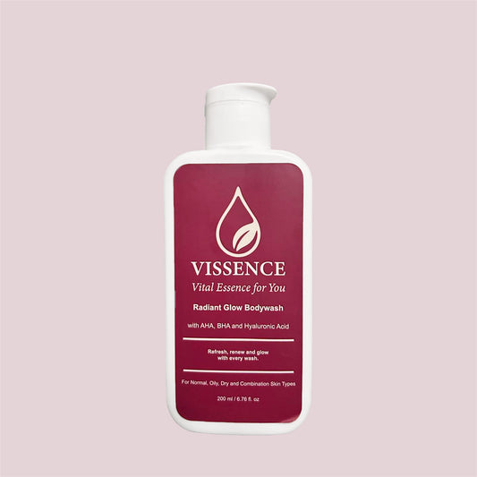 Vissence Radiant Glow Bodywash exfoliating body cleanser with AHA BHA and Hyaluronic Acid for daily skin smoothing and glow support