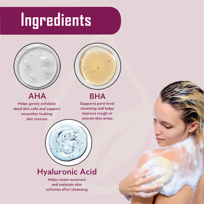 Key ingredients in Vissence Radiant Glow Bodywash including AHA BHA and Hyaluronic Acid for exfoliation hydration and smoother skin texture