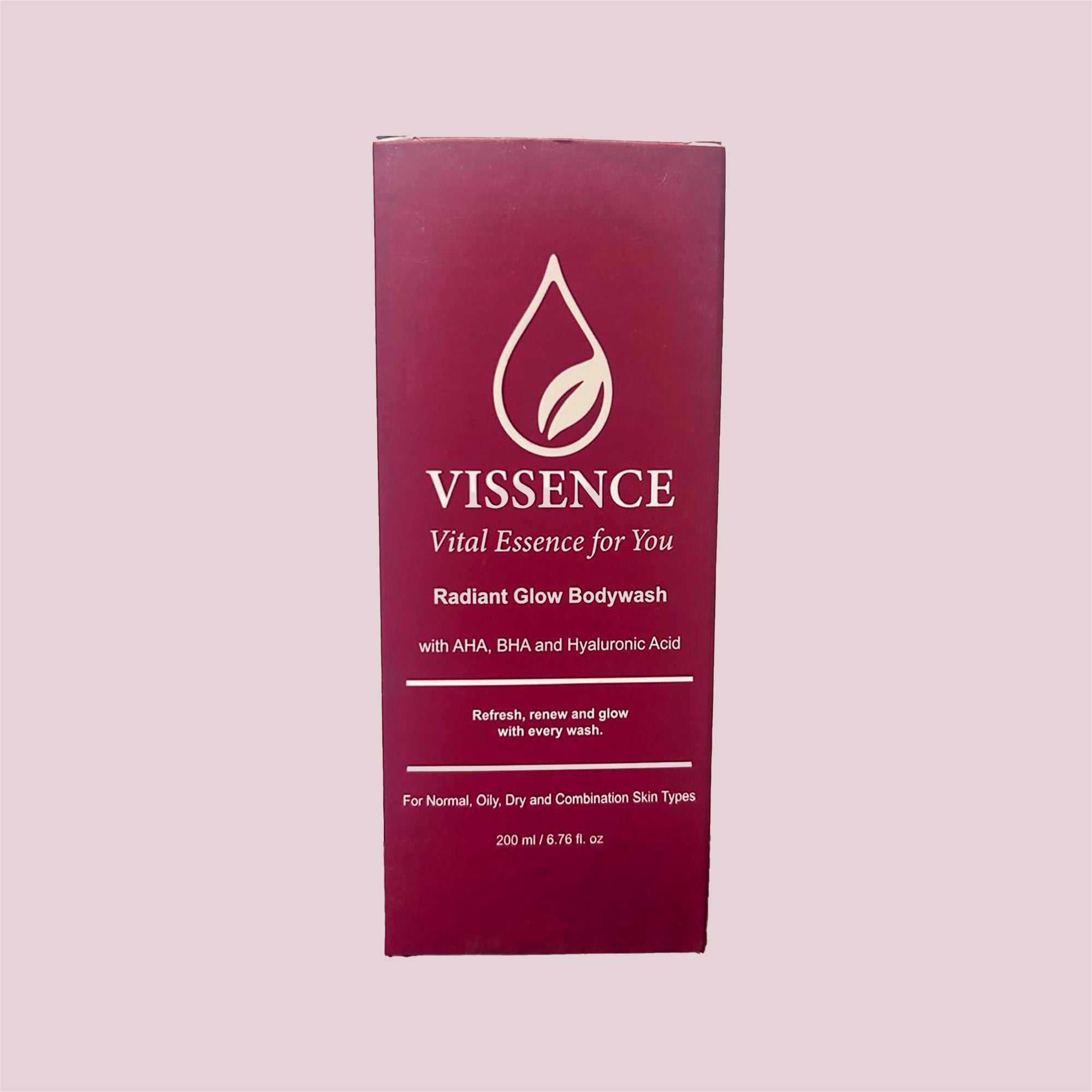 Packaging of Vissence Radiant Glow Bodywash with AHA BHA and Hyaluronic Acid for radiant smoother looking skin